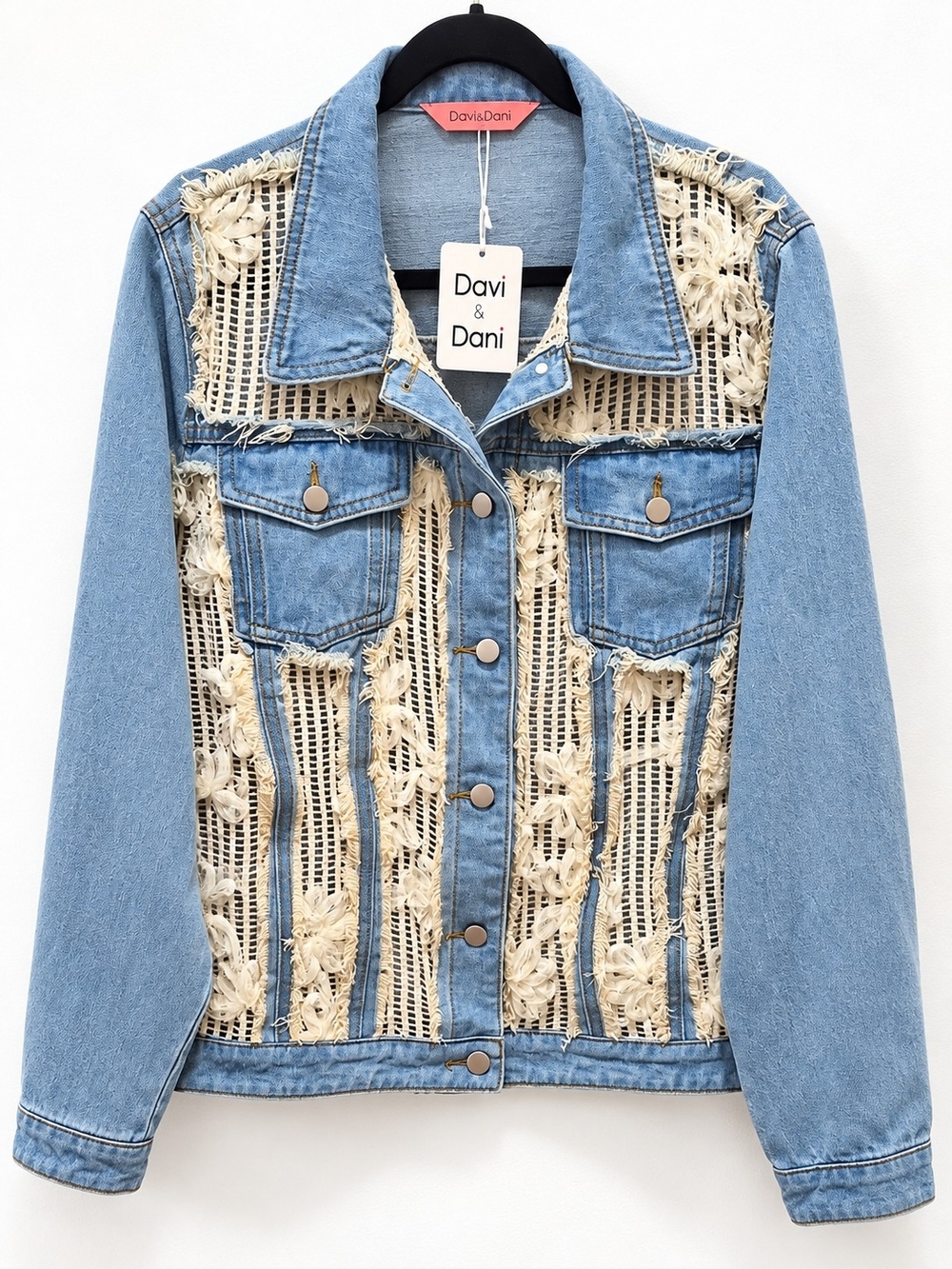Davi & Dani 1X Denim Crochet Lace Distressed Jacket NWT